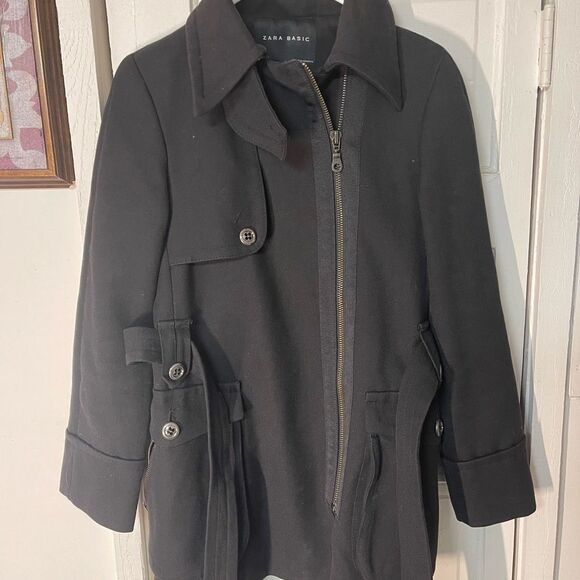 Zara basic belted black coat - Picture 7 of 11